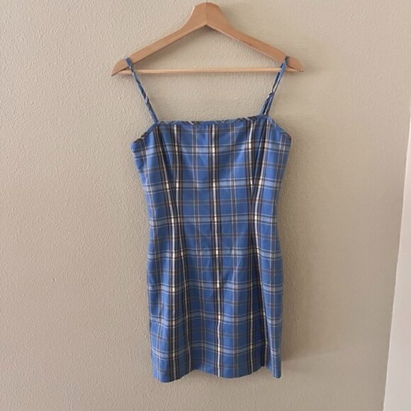 Aritzia Sunday Best Shimmer Blue Plaid Mini Tube Dress In Gerard Azurine US 4  - Picture 2 of 7